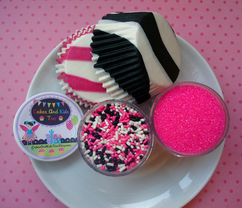 Diva Cupcake Kit - Sprinkles, Sugar and Cupcake Liners - Hot Pink and Black - SALE - SAVE 15%