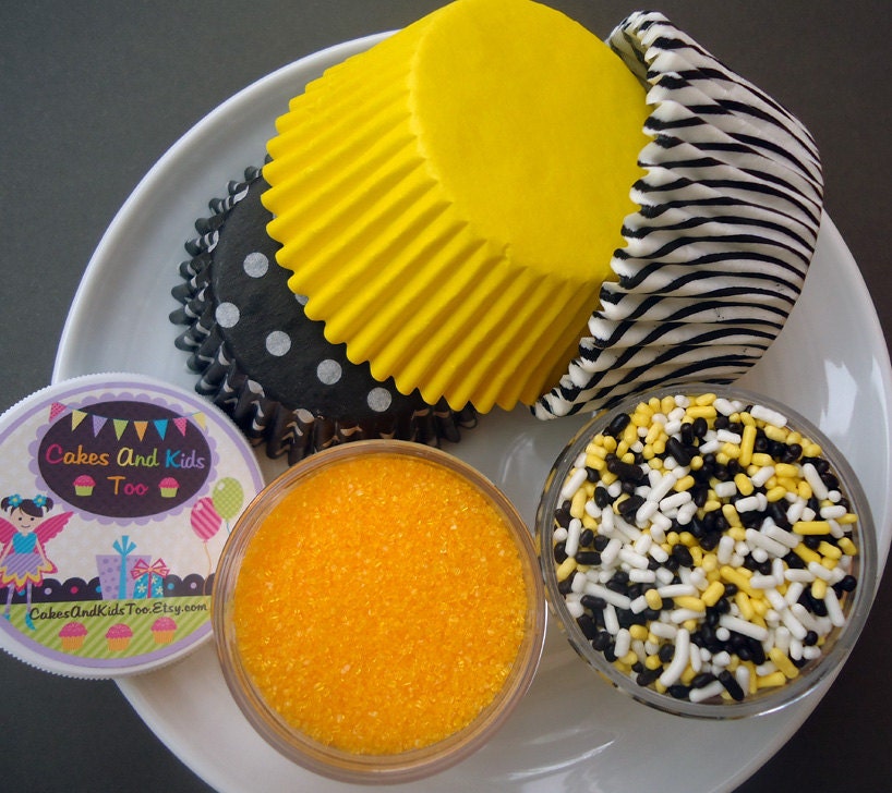 Busy Bee Cupcake Kit - Sprinkles, Sugar and Cupcake Liners - Yellow and Black - SALE - SAVE 15%
