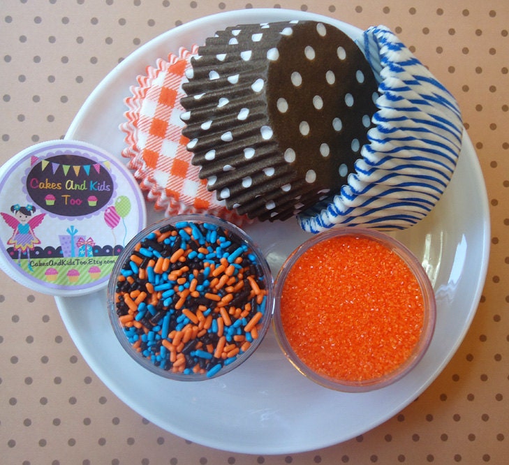 Sports Fan Cupcake Kit - Sprinkles, Sugar and Cupcake Liners - Brown, Blue and Orange - SALE - SAVE 15%