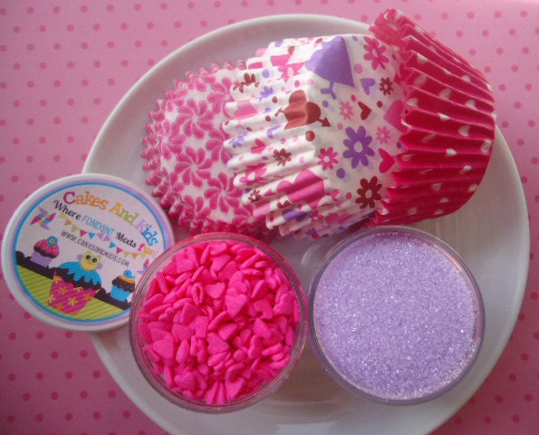 Hearts and Flowers Valentine Cupcake Kit - Sprinkles, Sugar and Cupcake Liners - Pink and Lavender - SALE - SAVE 15%