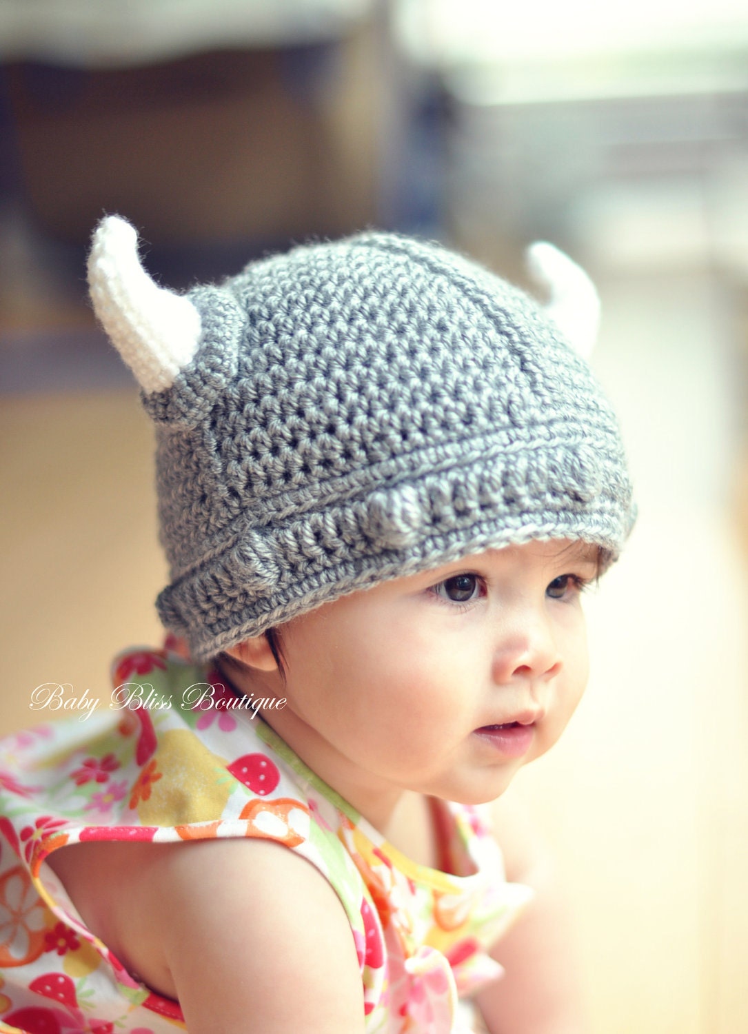 The Viking Hat - 12M to 24M - Gray Color Viking Hat with White Horns - Made to Order