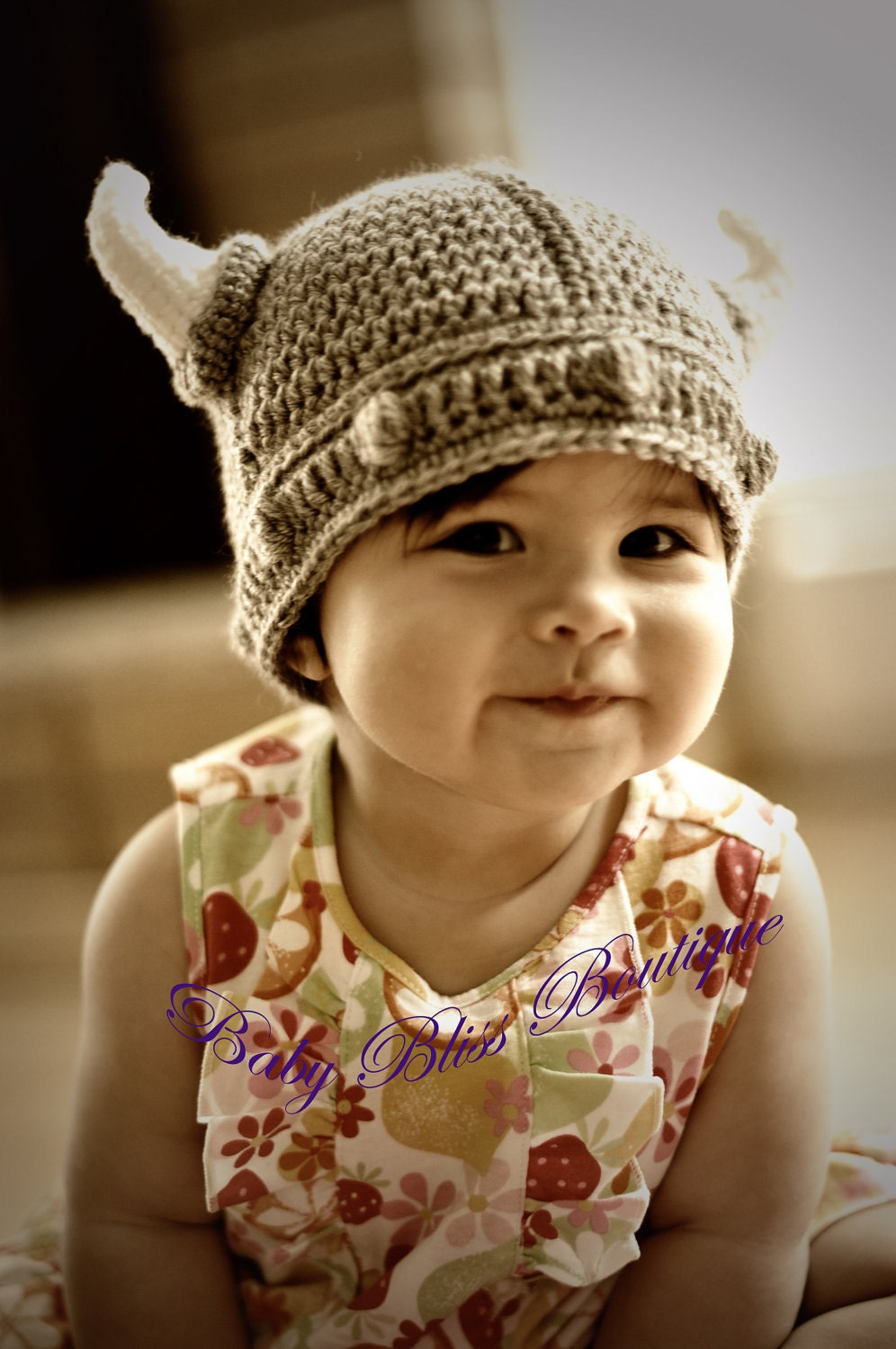 The Viking Hat - 12M to 24M - Gray Color Viking Hat with White Horns - Made to Order