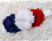 Baby Headband, Red White Blue, Frayed Rosette, Elastic Newborn Infant Headband, Baby's First Fourth of July, 4th