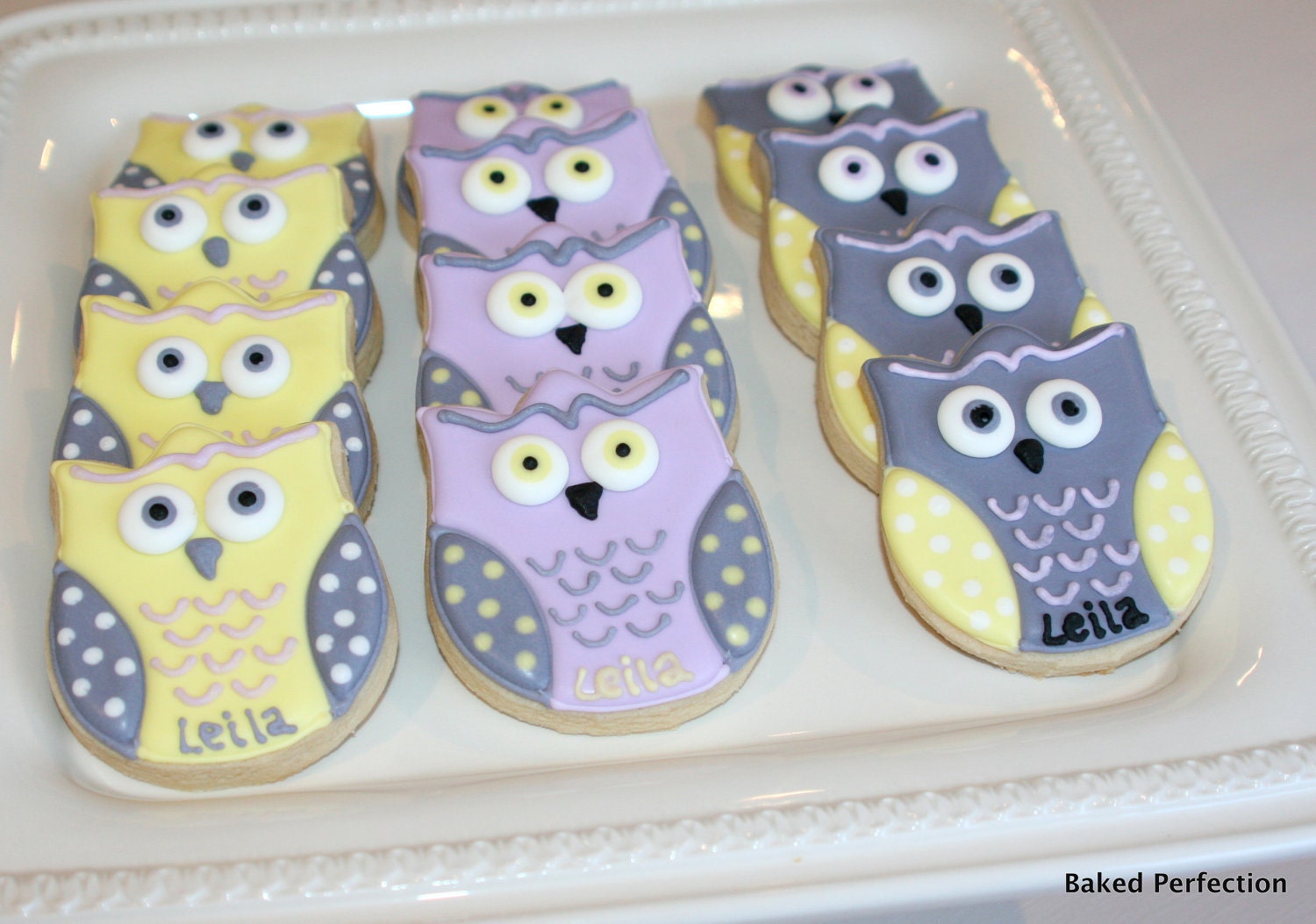 Baby Owls in Lavender, Yellow and Gray Hand Decorated Sugar Cookies for Baby Shower, New Baby Gift