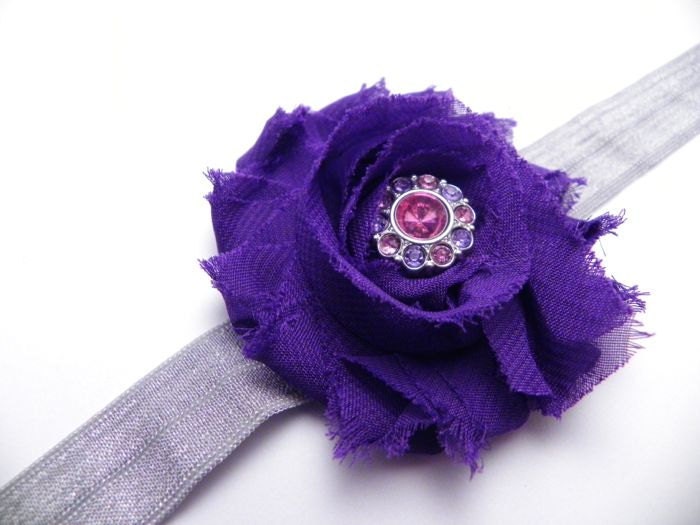 FUNDRAISER Purple Shabby Chic Flower Headband - Rhinestone Center - Go Lily