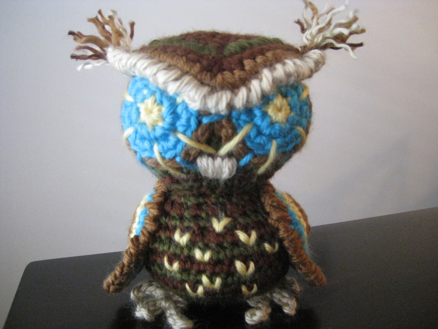 Little Crochet Owl, Vegan Brown Turquoise Yellow Tan Green Bird Toy Plush Doll Stuffed Animal Amigurumi MADE TO ORDER