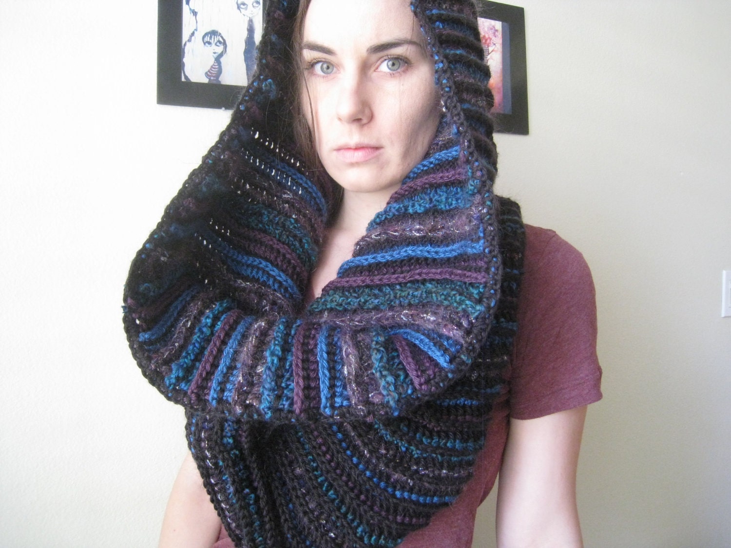 Crochet Chunky Ribbed Infinity Scarf Hood Stole Shawl Cowl Snood Poncho Black Blue Purple Multicolored Autumn Fall Winter Boho MADE TO ORDER