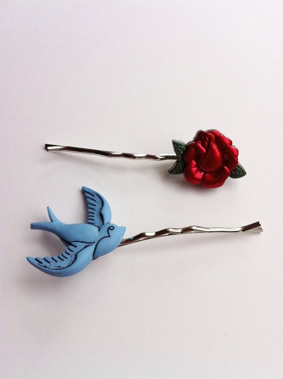 Blue Sparrow and Red Rose Bobby Pin Hair Clips-Women Accessories- Pinup Girl Accessories - Retro Hair Clips- Bobby Pins