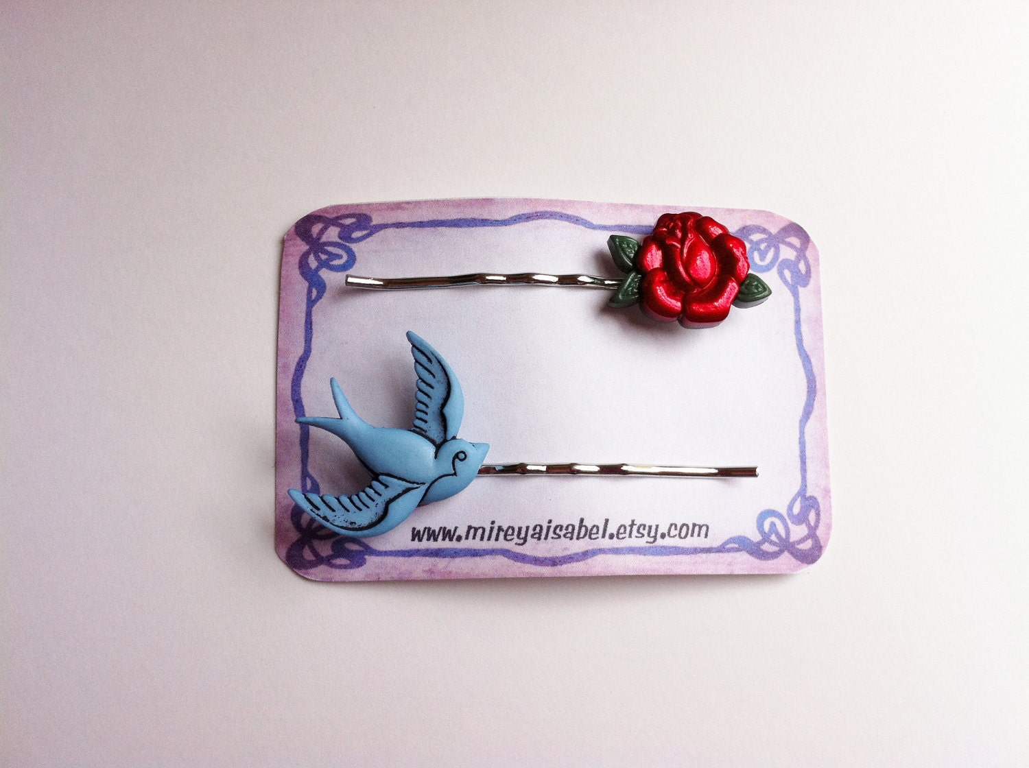 Blue Sparrow and Red Rose Bobby Pin Hair Clips-Women Accessories- Pinup Girl Accessories - Retro Hair Clips- Bobby Pins