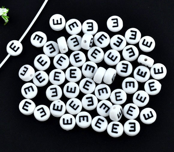 50% Off Sale 100 Alphabet Beads Letter E, Black and White 7mm flat