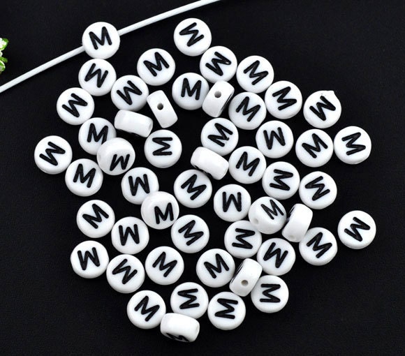 50% Off Sale 100 Alphabet Beads Letter M Black and White 7mm flat