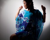 Blue chiffon dress hand painted batik. Chiffon top, blouse, summer dress, tunic dress. Woman tunic plus size clothing, Womens XL