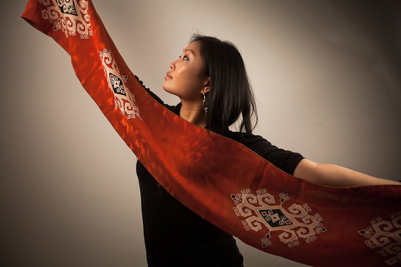 Silk Scarf For Spring Or Summer - Brown Silk Scarf - Handpainted Scarf - Hand Painted - Thin Scarf - Tribal Scarf - Batik Silk Scarf