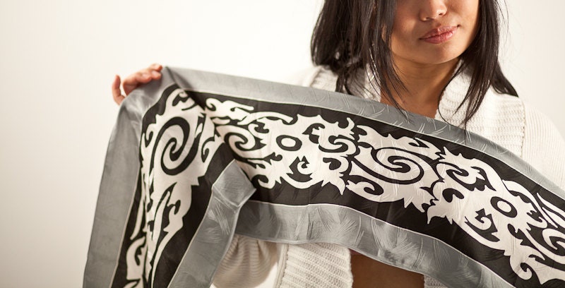Spring Scarf In Silver, White and Black - Tribal Silk Scarf Hand Painted and Hand Dyed Batik - Summer Scarves for Women - Thin Scarf