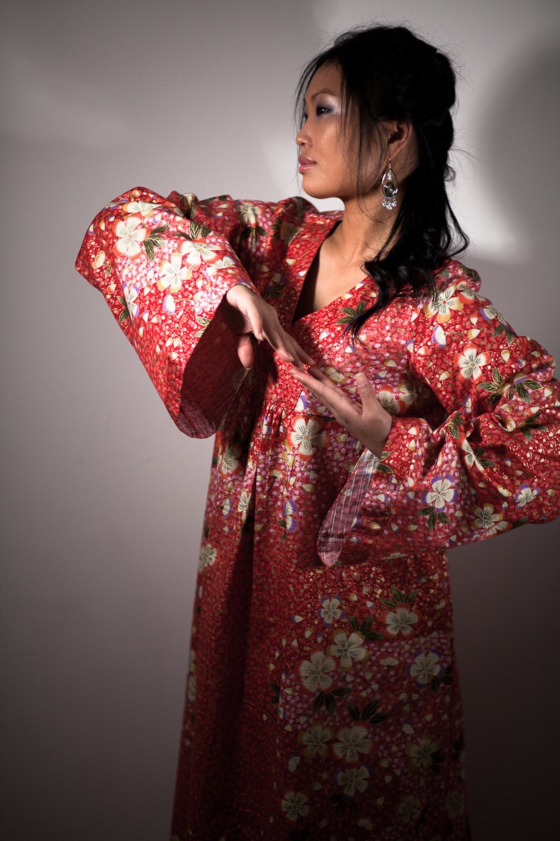 Maxi Dress Boho - Red Japanese Cotton Fabric with Gold Sakura Cherry Blossoms - Long Sleeve Maxi Dress - Women Plus Sizes Clothing