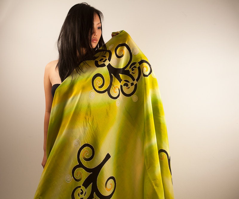 Beach Cover Up or Cotton Wrap Shawl in Tri Color Green with Tribal Tree Decorations - Hand Painted - Beach Sarong - Pareo - Green Wrap Dress