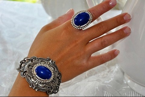 Art Nouveau Style Cuff Bracelet,Vintage Style Bracelet,Filigree Bracelet,LAPIS BLUE,Antique Silver,Victorian Style Braclet,Art Deco,DREAMER