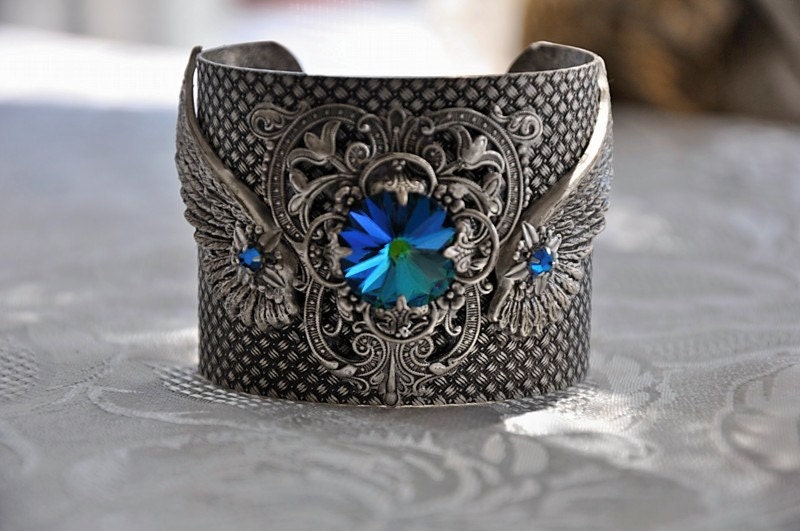 Cuff Bracelet,Swarovski Crystal Sphrinx Cuff Bracelet,Vintage Style,Large Cuff,Antique Silver,Victorian,Art Nouveau,Wings,CASPIAN