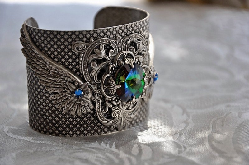 Cuff Bracelet,Swarovski Crystal Sphrinx Cuff Bracelet,Vintage Style,Large Cuff,Antique Silver,Victorian,Art Nouveau,Wings,CASPIAN