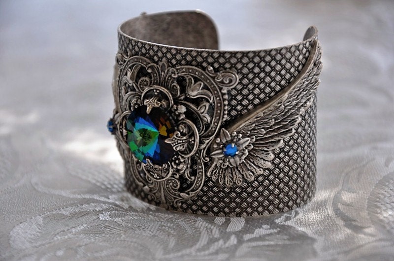 Cuff Bracelet,Swarovski Crystal Sphrinx Cuff Bracelet,Vintage Style,Large Cuff,Antique Silver,Victorian,Art Nouveau,Wings,CASPIAN