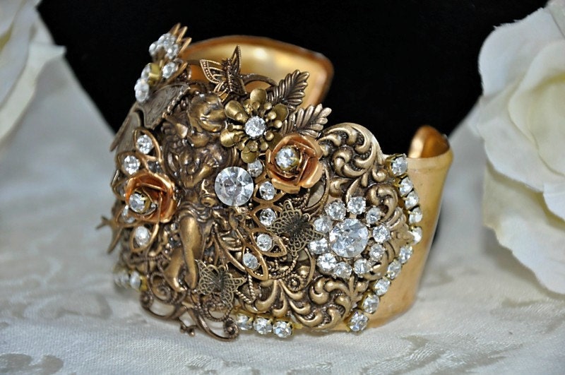 RESERVE for Cecilia Villacorta....Swarovski Crystal Clear brass cuff vintage inspired victorian filigree angel bracelet BUTTERFLY WISHES