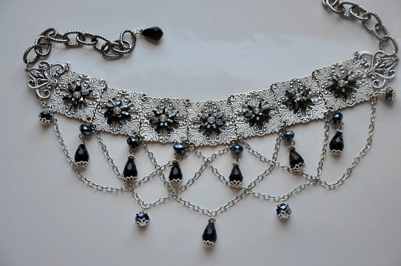 Victorian Gothic Choker, Swarovski Crystal Jet Black & Hematite Necklace,Filigree Necklace,Antique Silver,Gothic Choker Necklace, BEWITCH