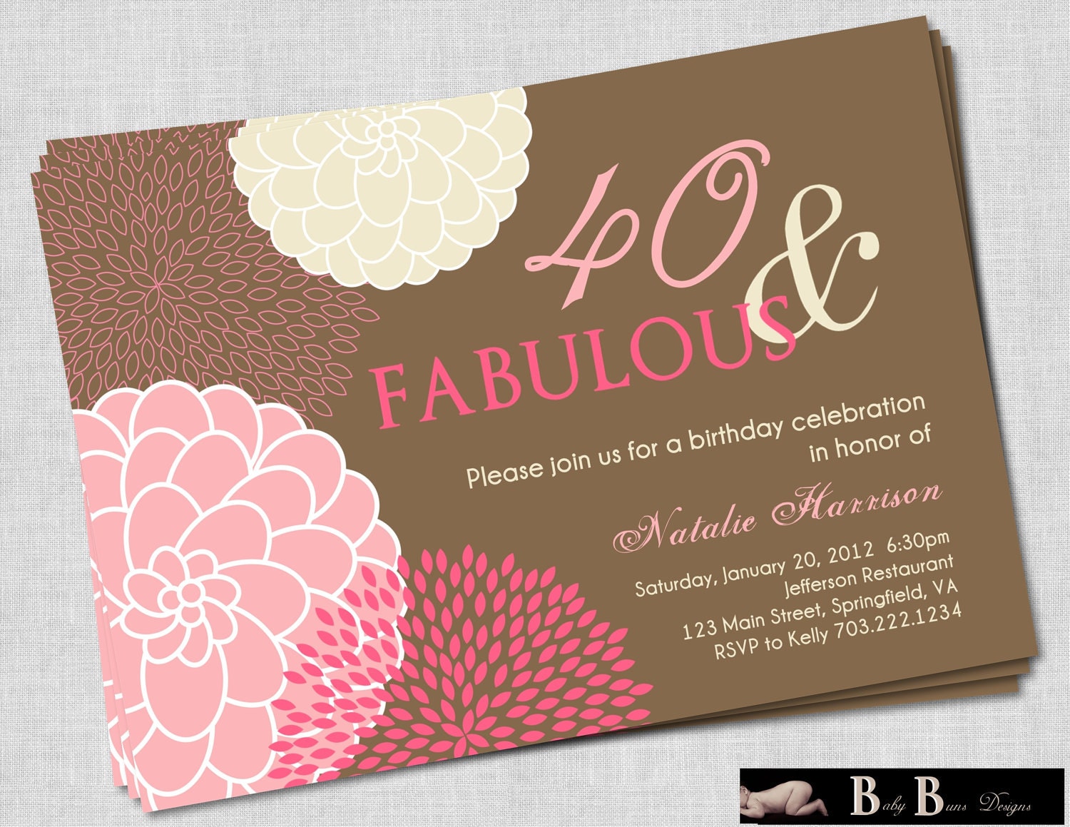 40 and Fabulous 40th Birthday Invitation- Pink & Brown Printable