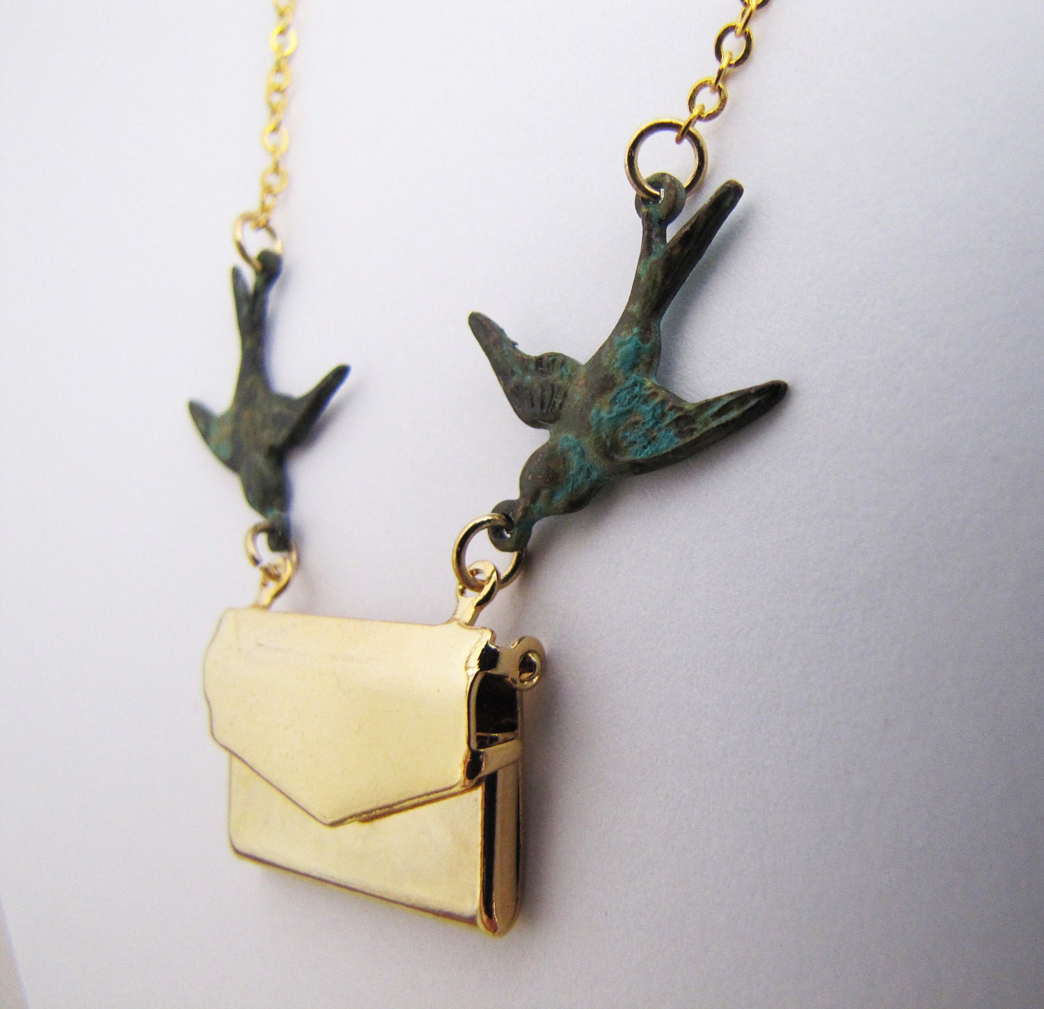 HOLIDAY SALE, The Secret Message, Patina Doves and Envelope Necklace