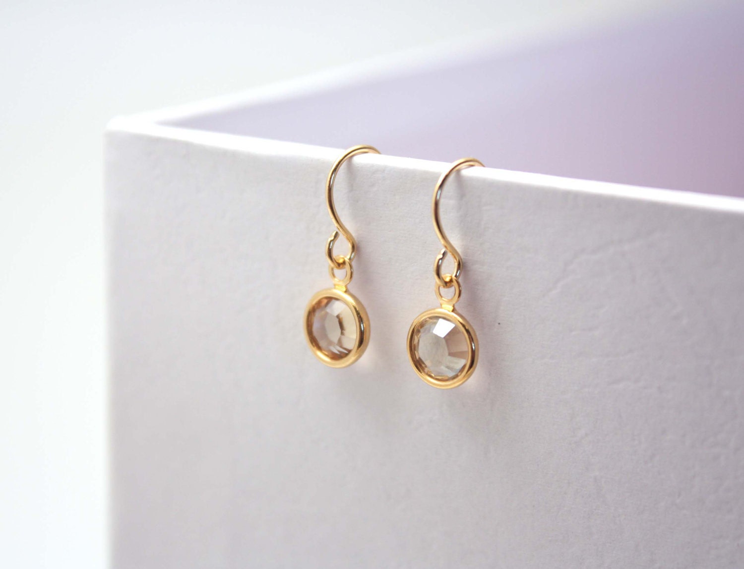 gold swarovski crystal earrings - golden shadow - channel set - tiny drop dangle - everyday earrings - bezel crystal dangle
