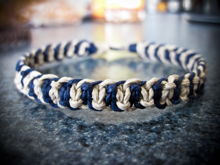 Storm Blue and Natural Macrame Fishbone-Knot Hemp Bracelet
