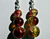 Two color crackle glass bead earrings "Red and Gold" Free shipping