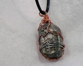 Beach stone, double wire wrapped pendant, fossil stone necklace