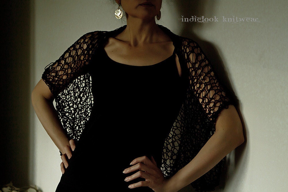 Shrug Wrap Black Mesh Loose Knit Elbow Length Sleeve