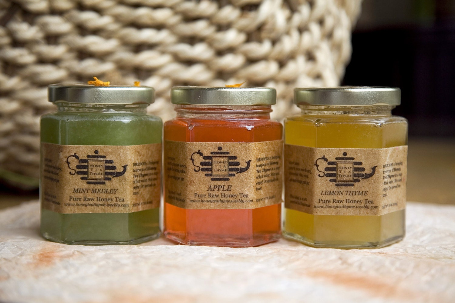 Organic Pure Raw Honey Tea SET of 3, 5 oz Jars.