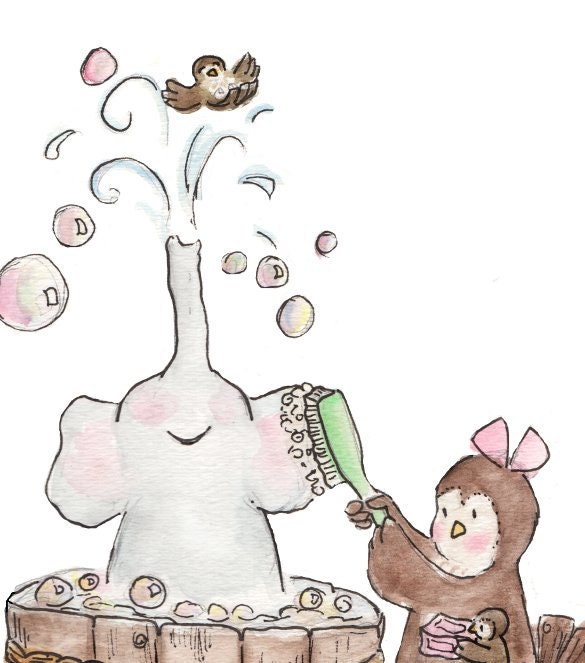 Children Art Print. Elephant's bubble bath. PRINT 8X10. Nursery Art Home Decor