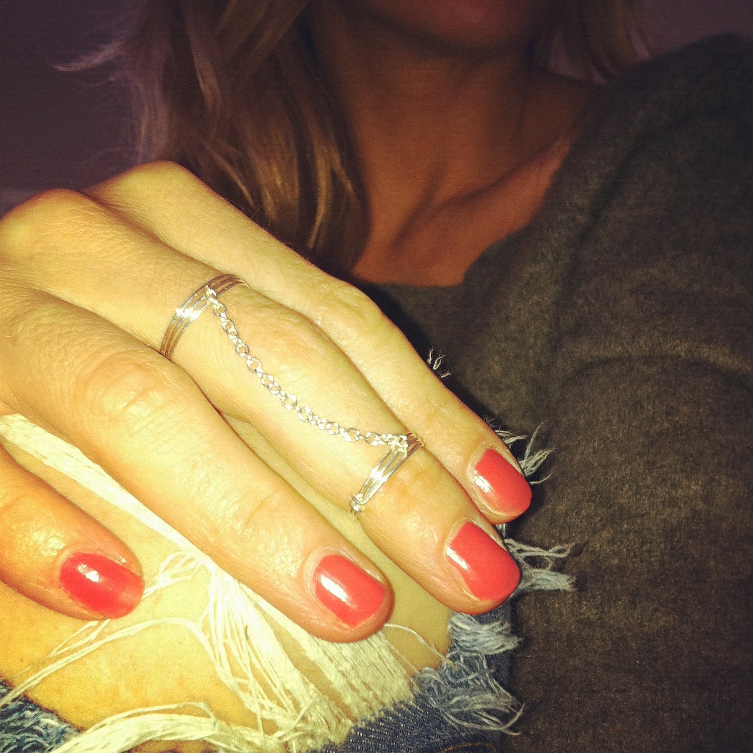 Wire wrapped double silver plated ring with chain