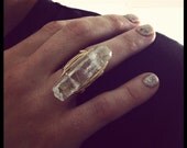 Quartz crystal point ring with double gold plated bands