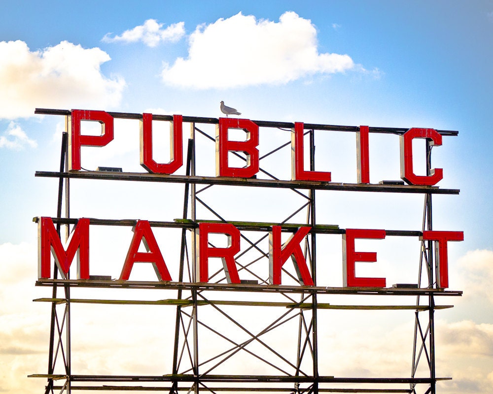Pike Place Market, Seattle Washington, Vintage Sign, Red