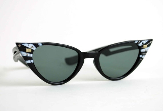 Cat Eye Rhinestone Sunglasses. Black Plastic Frame with White Stripe Detail. Classic Vintage Eyewear for Women