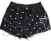 Studded Shorts Vintage Distressed High Waisted Black Denim Hipster Boho Hippie Upcycled Levi Small Medium W27