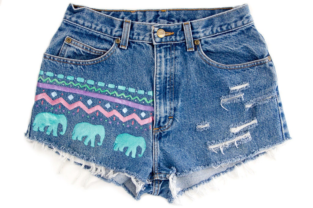 Tribal/Aztec Shorts, Hand Painted, Vintage Distressed High Waisted Denim, Upcycled W28
