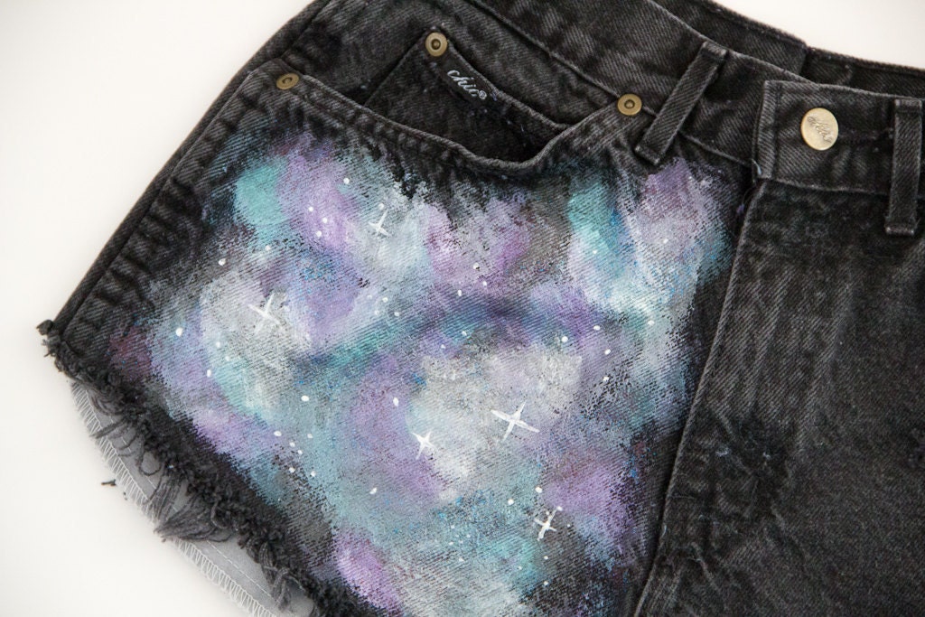 Nebula Space Shorts Galaxy Hand Painted Vintage Distressed High Waisted Denim Hipster Cut offs Upcycled Medium Large W30
