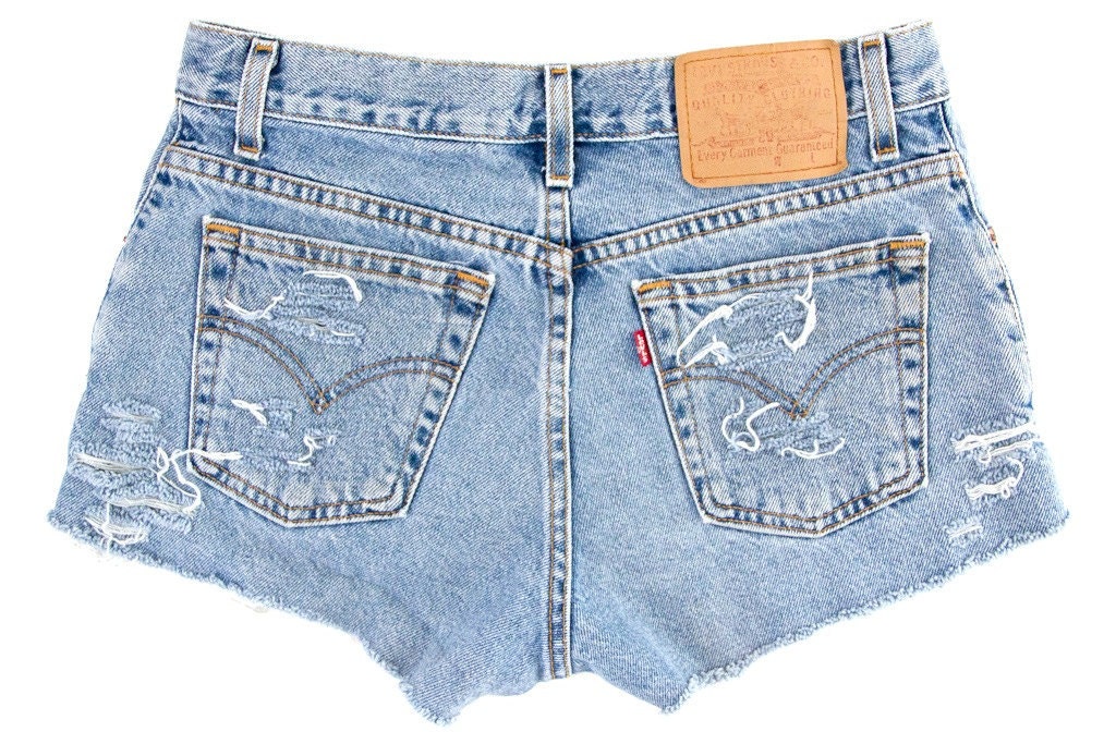 Tribal/Aztec Elephant Shorts, Hand Painted, Vintage Distressed High Waisted Denim, Upcycled W31