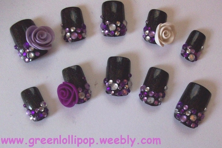 Japanese 3D Nail Art - Purple Roses Gem ( Black)