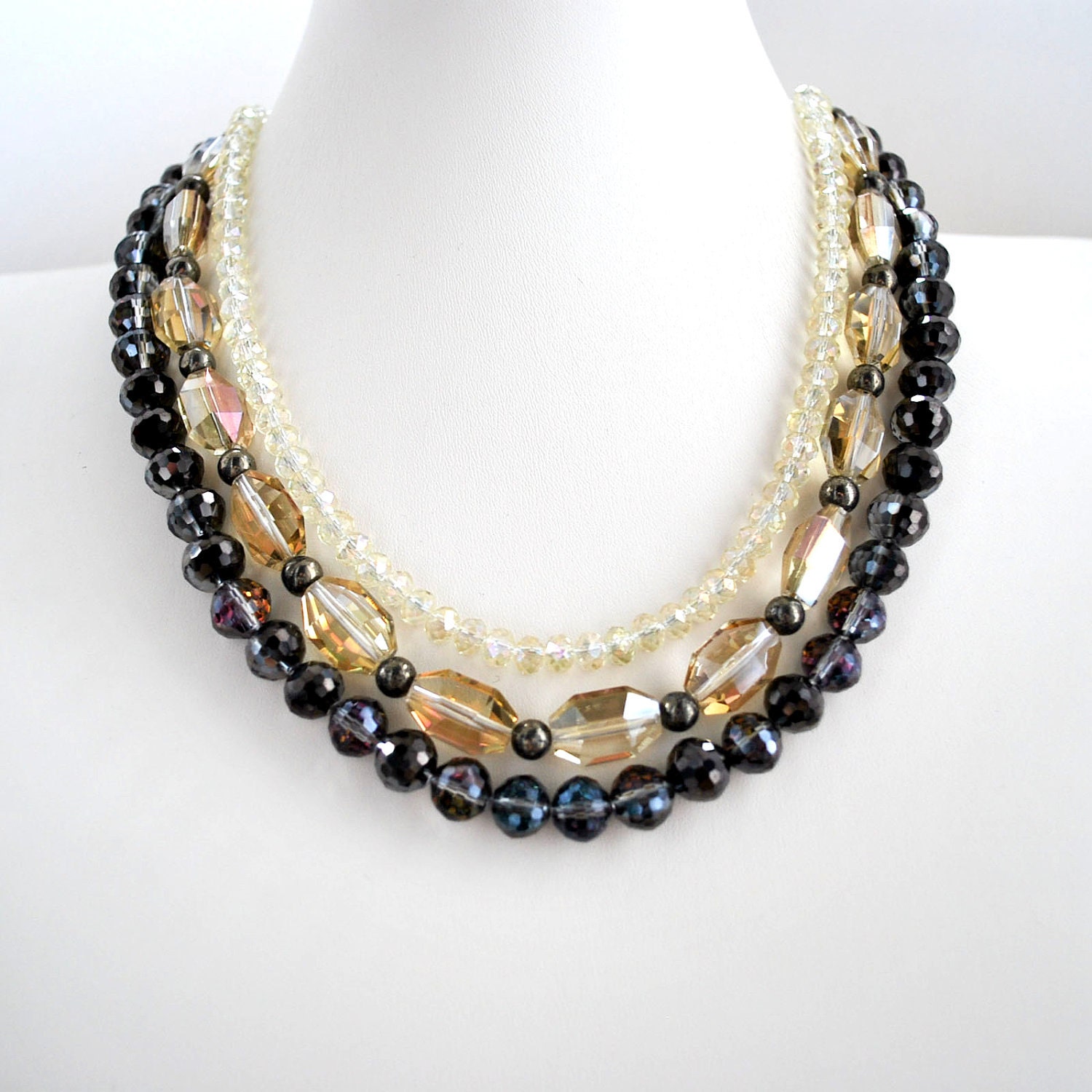 BAUBLE SALE - Antique Grey Pyrite - yellow crystal and glass - statement necklace - OOAK