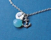 Personalized necklace with Anchor charm, Aqua blue Chalcedony gemstone, sea, beach wedding, bridesmaid gifts, initial stamped, hope, letter