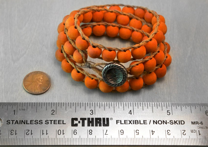RESERVED FOR LINDSEY Wrap Bracelet Mala Buddhist Rosary with Orange Wood Beads on Hemp with Button Closure