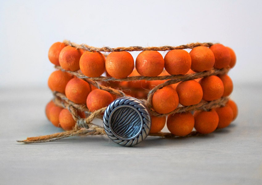 RESERVED FOR LINDSEY Wrap Bracelet Mala Buddhist Rosary with Orange Wood Beads on Hemp with Button Closure