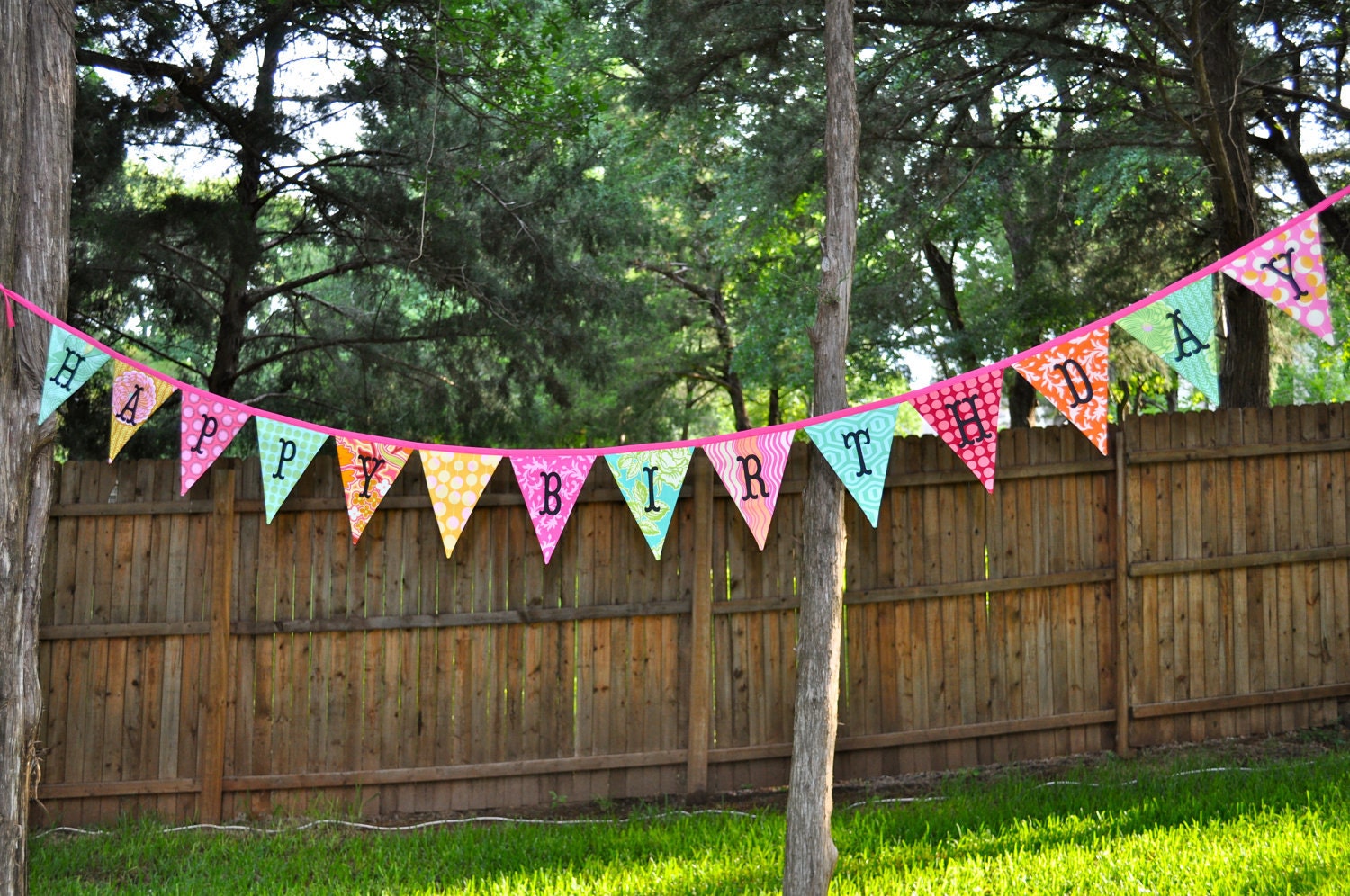 Happy Birthday fabric banner bunting, Amy Butler-Heather Bailey, birthday party decoration, photo prop