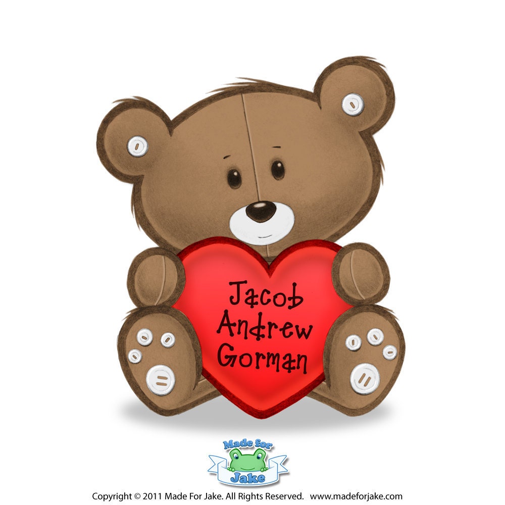 Personalized Teddy Bear & Heart print - nursery or kids room wall art - 8X10 Custom colors